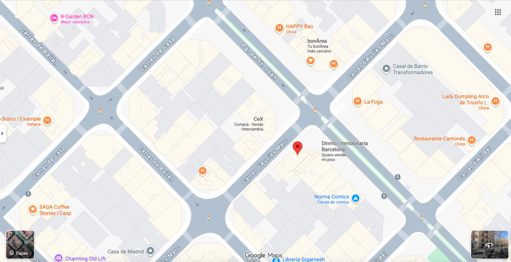 Localización de Urbanizable Mirage. Captura de pantalla de Google Maps con la ubicación: Calle Pg. de Sant Joan 23, L'Eixample, 08009 Barcelona