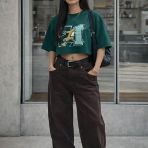 Cropped de Urban Mirage estilo jersey en tono esmeralda intenso con gráfico varsity frontal. Corte amplio y cómodo que aporta actitud. Perfecto para elevar cualquier look streetwear.