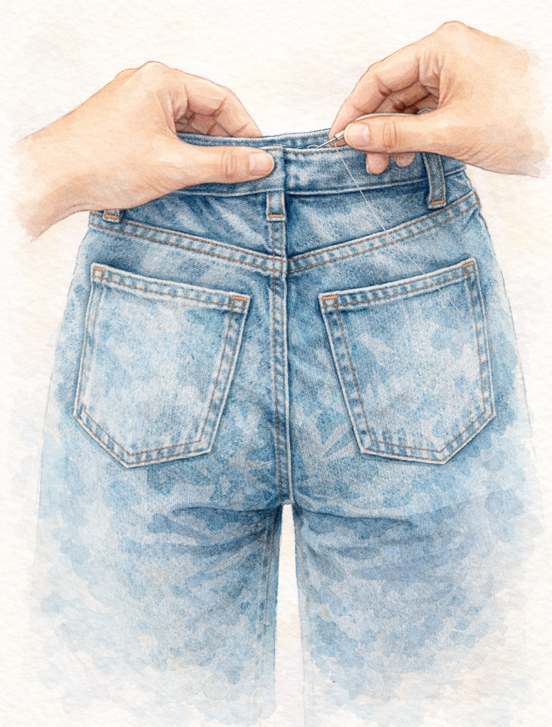 Ilustración generada por IA. Pantalón aflare azul claro ajustado con unos pequeños puntos, una de las formas de como ajustar jeans grandes.