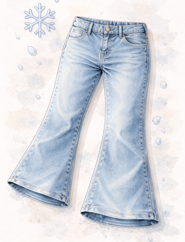 Imagen generada por IA. Vaqueros flare azul claro ajustado al lavarlo con água fría, una de las formas de como ajustar jeans grandes.