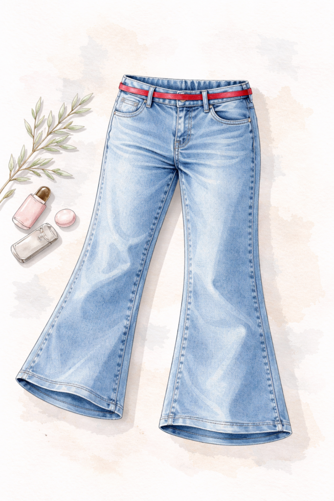 Ilustración generada por IA. Pantalón arreglado con un elástico rojo, una de las formas de como ajustar jeans grandes.