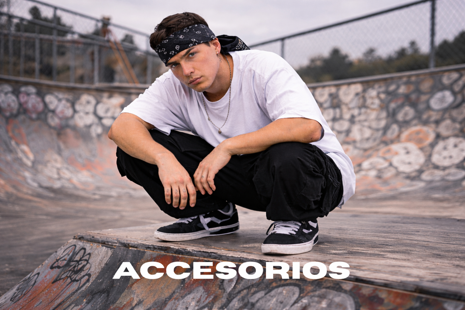 Modelo masculino de Urban Mirage en un skate park con encabezado debajo anunciando los accesorios