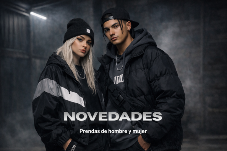 Modelo femenina y modelo masculino de Urban Mirage juntos con un fondo negro y con ropa streetwear. Anunciando novedades en las prendas de hombre y mujer