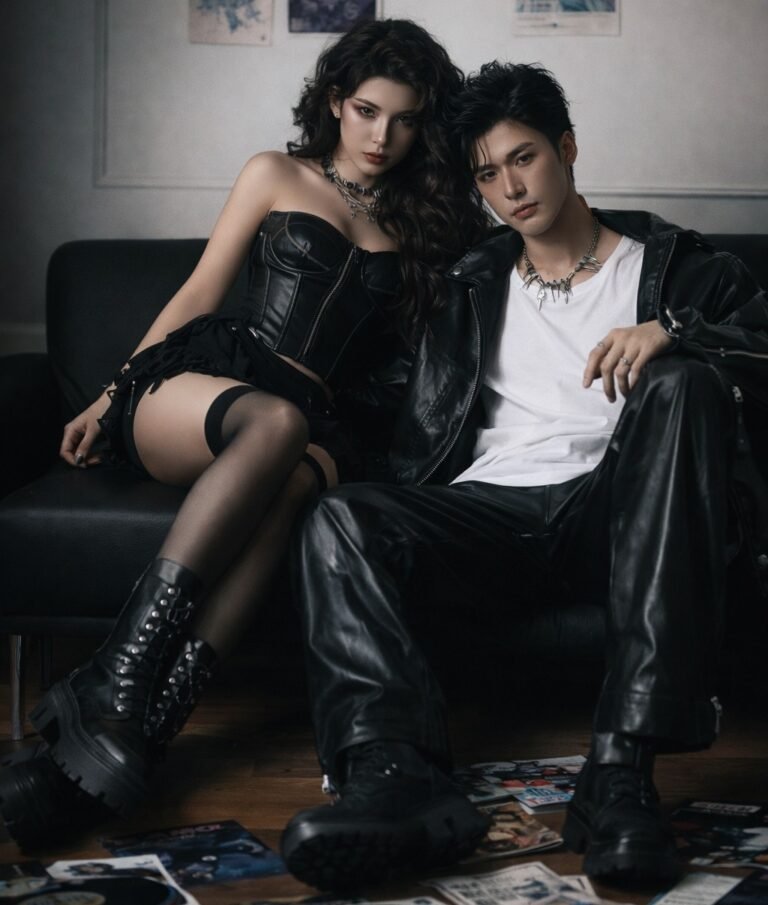 Modelo masculino y femenino juntos posando con un fondo oscuro y juvenil. La chica casi sentada encima del chico mientras ambos miran a la cámara. Ambos llevando ropa streetwear