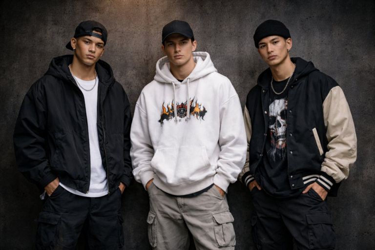 Imagen de hombres modelos con ropa streetwear del blog sobre "como empezar a vestir streetwear desde cero" de Urban Mirage. La imagen muestra a 3 hombres con ropa streetwear posando y mirando a la cámara
