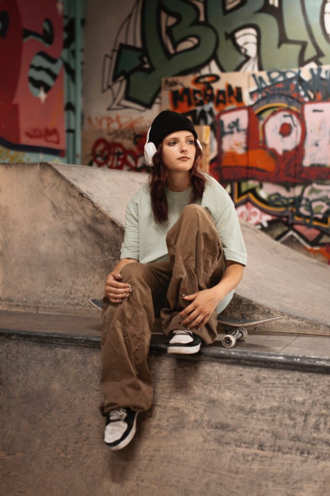 Mujer modelo posando con ropa streetwear