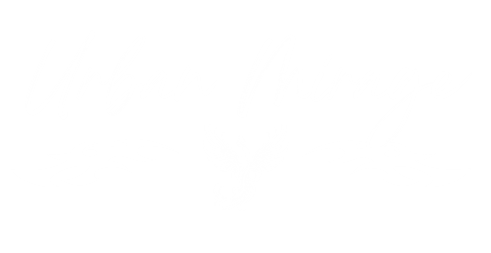Logo completo de Urban MIrage blanco: El nombre de la empresa con un estilo de graffiti y abajo el icónico fénix. Este, estando acompañado de unas llamas moradas a los lados.